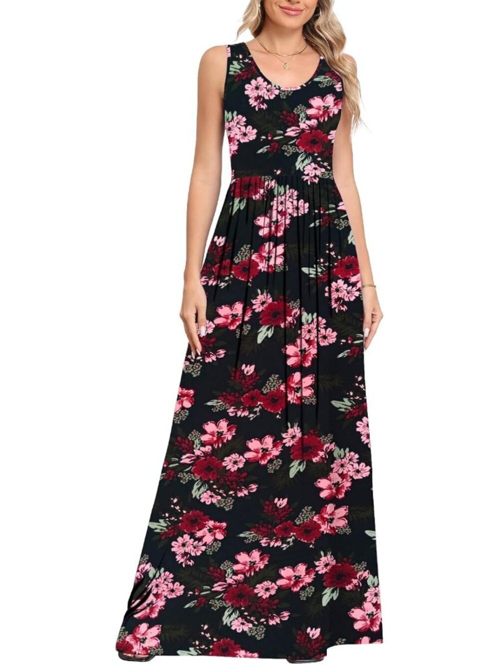 Women's Black Crabapple Flower Sleeveless Flowy Casual Beach Stylish Maxi Dress - Picture 3 of 5